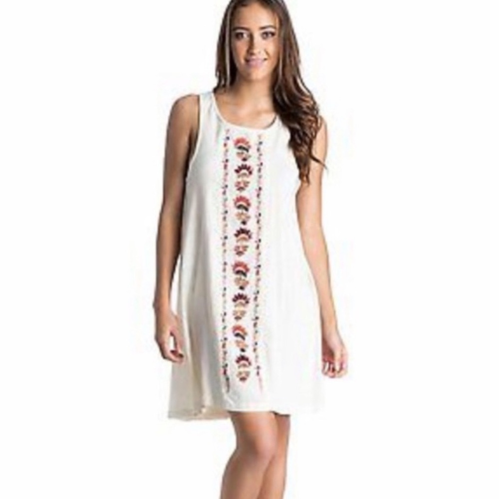 Roxy Womens Embroidered Boho Cream Sleeveless‎ Knee Length Dress Large Festival